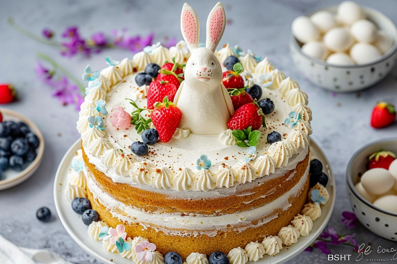 A beautifully decorated Easter bunny cake with pastel colors, edible flowers, and bunny ears