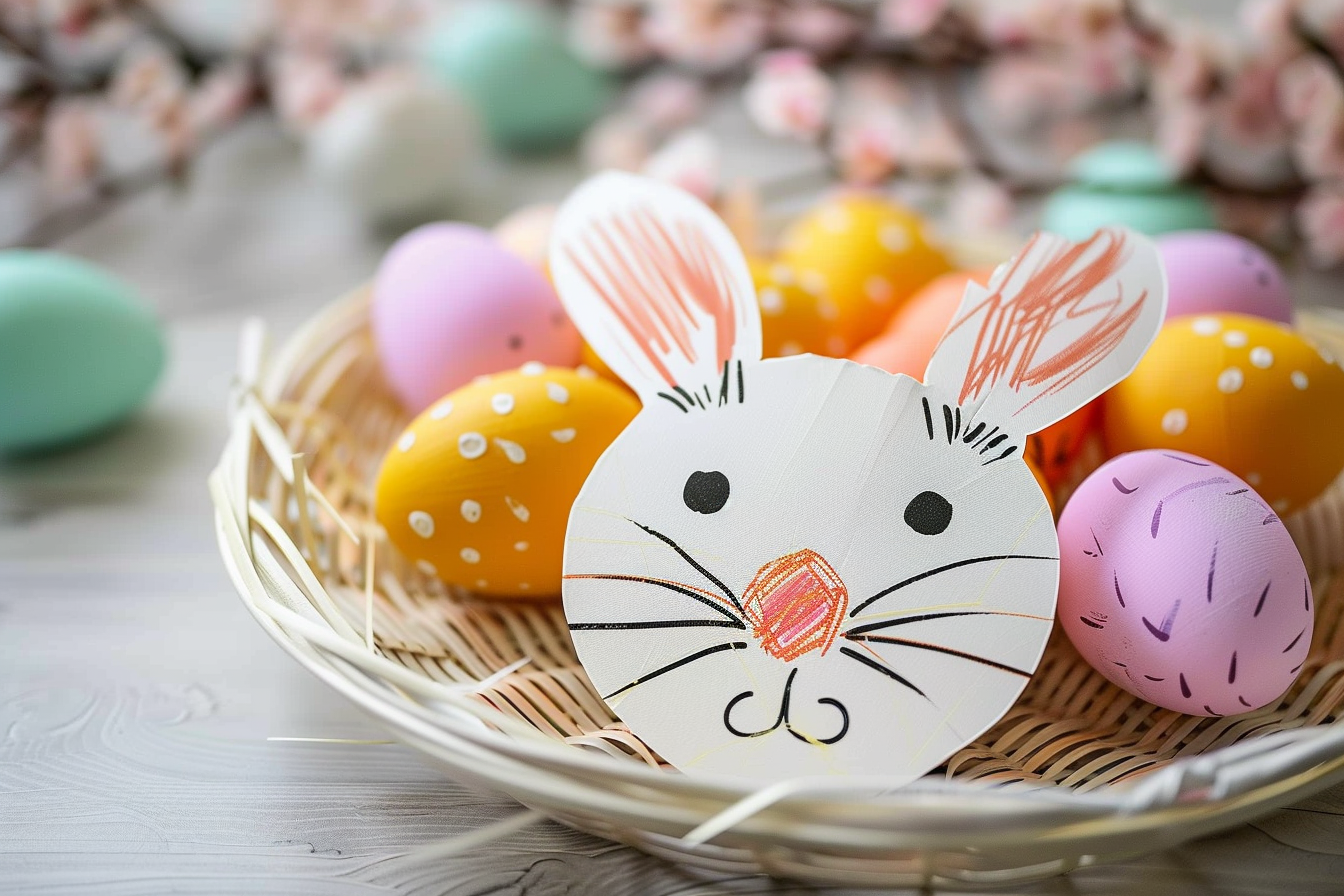 Colorful Easter crafts made by kids, including decorated eggs and paper bunnies