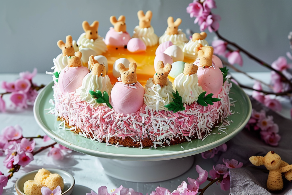 A vibrant Easter Peeps cake decorated with colorful marshmallow bunnies and pastel sprinkles on a white plate.