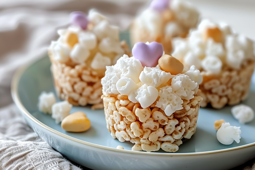 Colorful Easter Rice Krispie nests filled with chocolate eggs on a wooden table