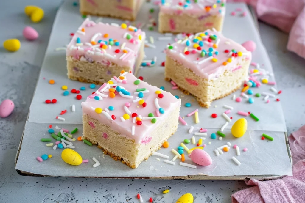 Easy Easter Sugar Cookie Bars: 9 Sweet Treats to Bake 1 A vibrant display of Easter sugar cookie bars topped with colorful icing and sprinkles, arranged on a white plate.