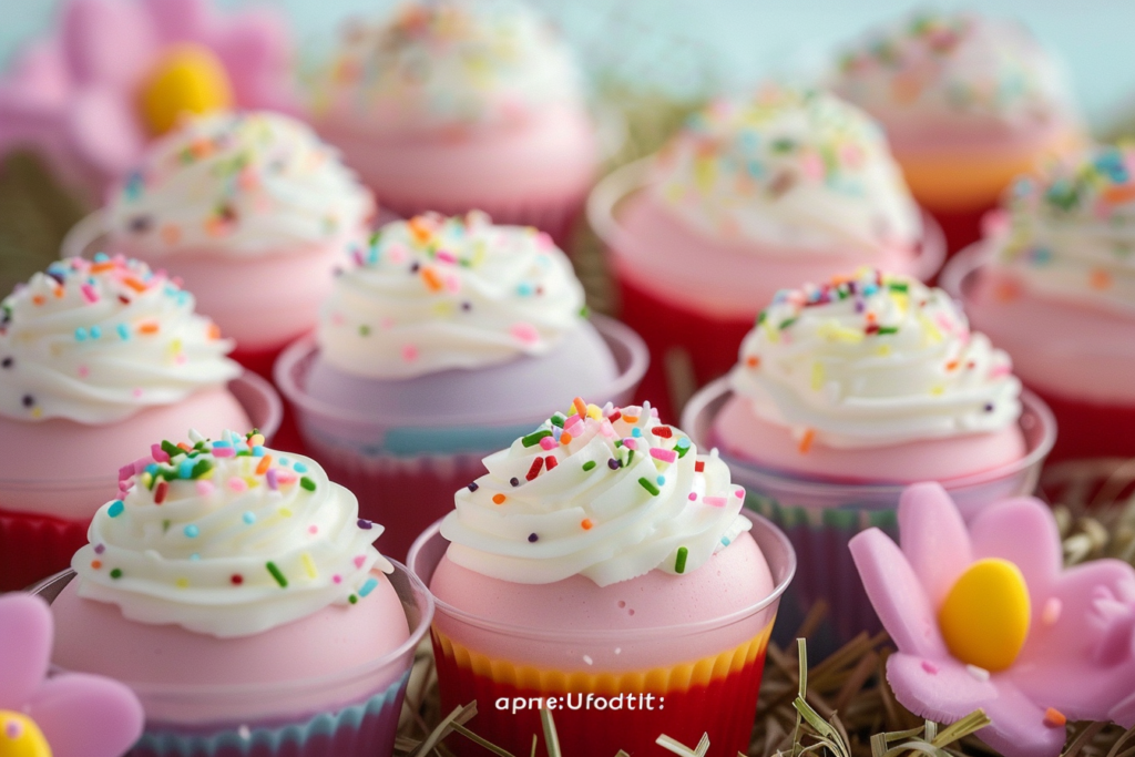 Colorful Easter-themed snacks for kids, including bunny-shaped cookies and fruit arrangements