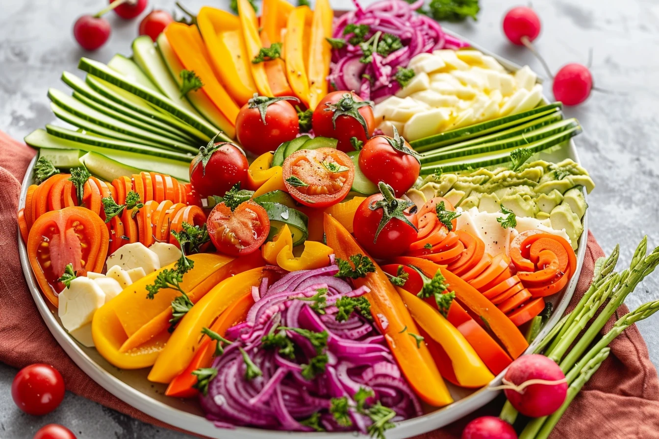Easy easter veggie board ideas 5 1 Colorful Easter veggie board with assorted vegetables, dips, and decorative elements