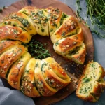 A beautifully arranged garlic herb bread wreath garnished with fresh herbs and garlic cloves, set on a rustic wooden table.