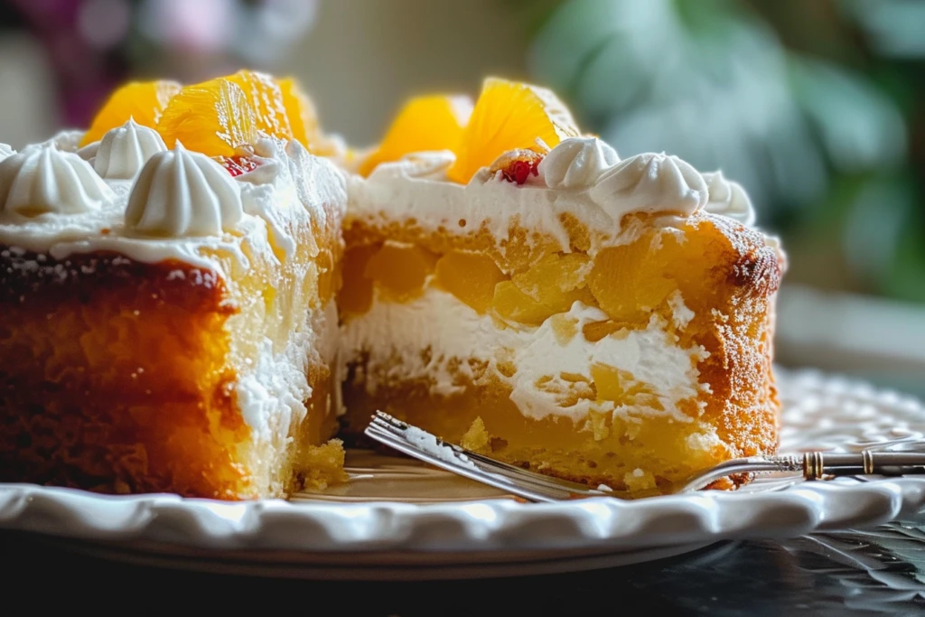A beautifully layered juicy pineapple heaven cake topped with fresh pineapple slices and whipped cream