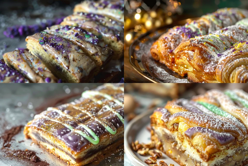 A beautifully decorated king cake toffee with colorful sprinkles on a white plate