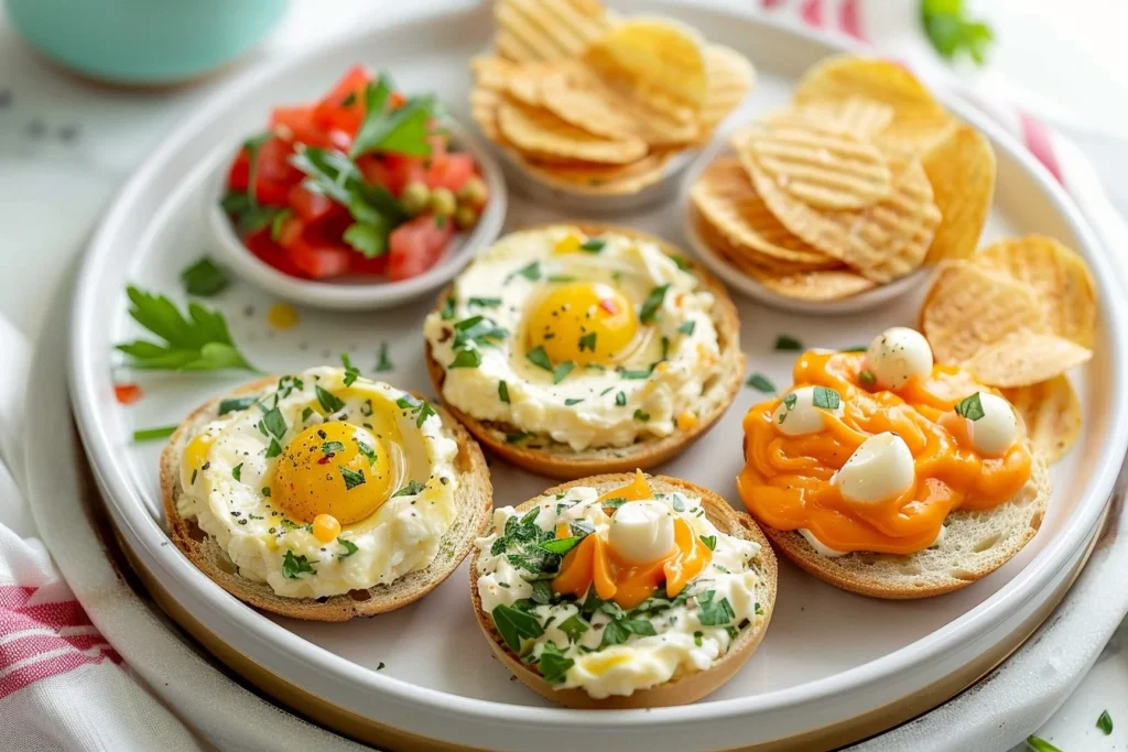 A colorful platter of last minute Easter appetizers including deviled eggs, vegetable sticks, and cheese cubes
