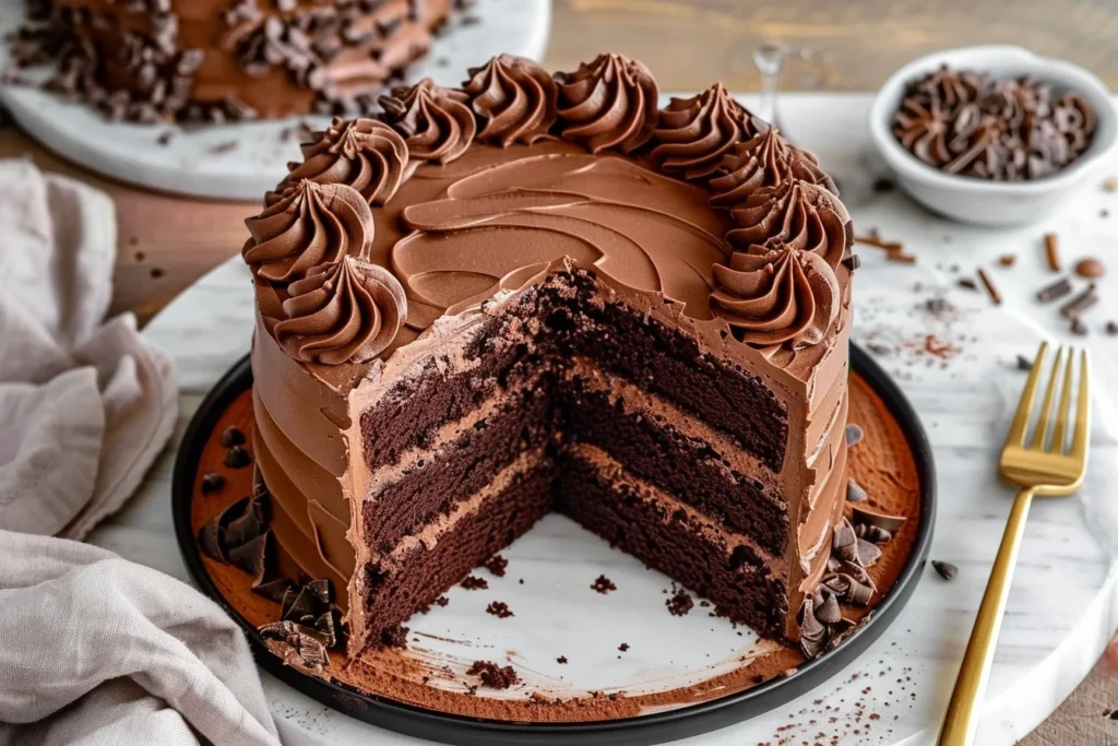 A beautifully decorated moist chocolate cake with rich buttercream frosting and chocolate shavings on top