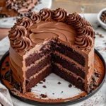A beautifully decorated moist chocolate cake with rich buttercream frosting and chocolate shavings on top