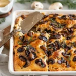 Golden brown mushroom focaccia topped with fresh herbs and sliced mushrooms on a wooden cutting board