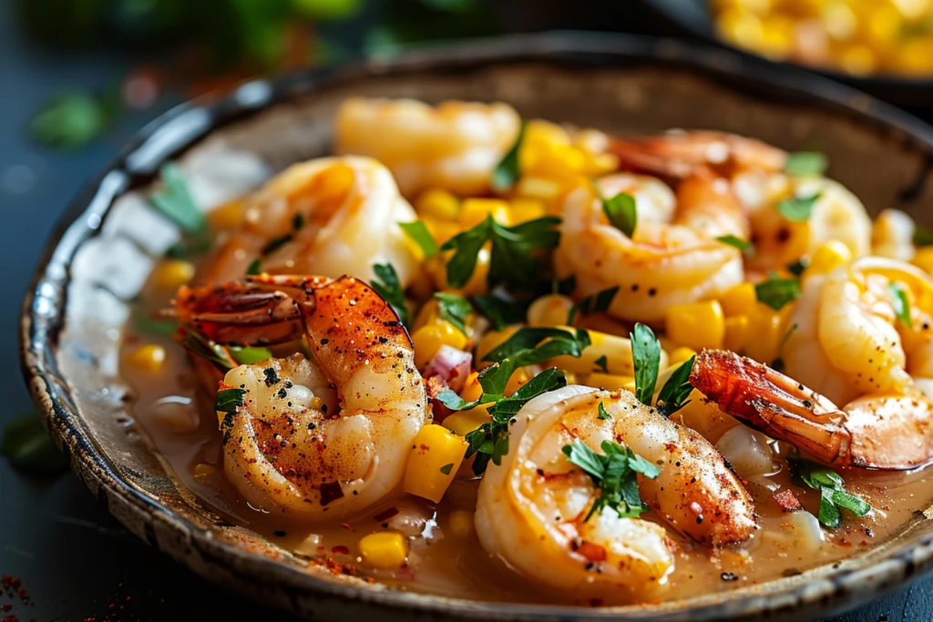 A vibrant bowl of New Orleans shrimp corn with fresh shrimp, corn, and spices