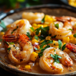 A vibrant bowl of New Orleans shrimp corn with fresh shrimp, corn, and spices