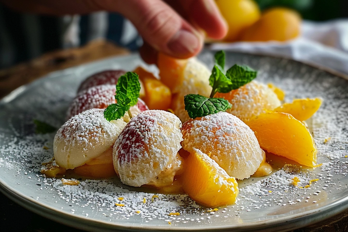 A delicious orange infused ricotta peach topped with fresh mint leaves on a white plate