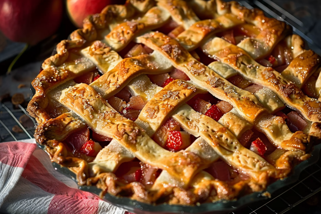 A beautifully baked orange rhubarb pie with a golden crust and vibrant orange filling, garnished with fresh rhubarb stalks