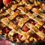 A beautifully baked orange rhubarb pie with a golden crust and vibrant orange filling, garnished with fresh rhubarb stalks