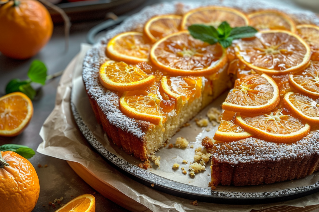 A beautifully baked Sicilian whole orange cake topped with orange slices and powdered sugar, displayed on a rustic wooden table.