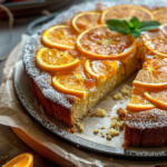 A beautifully baked Sicilian whole orange cake topped with orange slices and powdered sugar, displayed on a rustic wooden table.