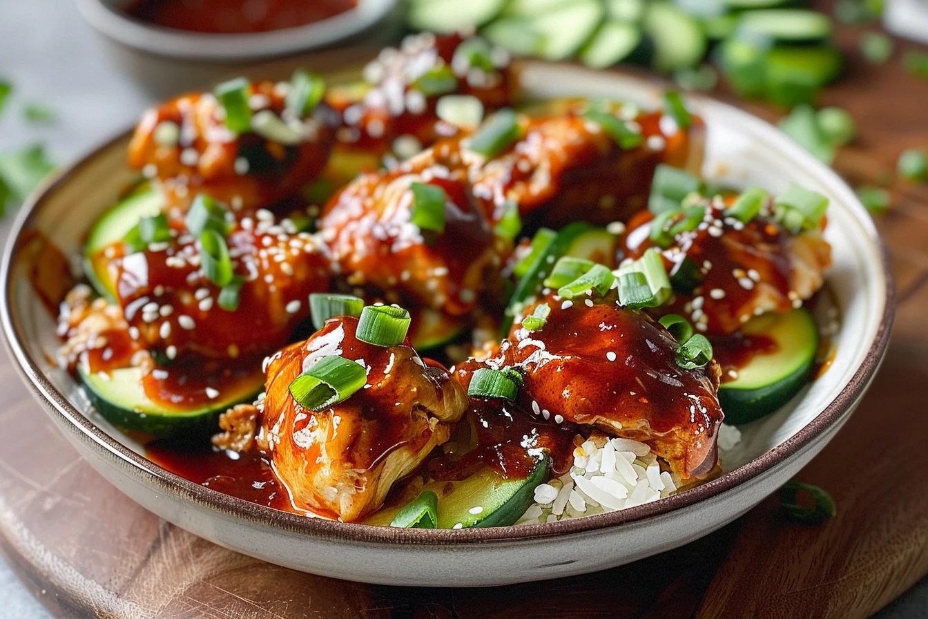 Plated sticky BBQ chicken served with grilled zucchini slices and garnished with herbs