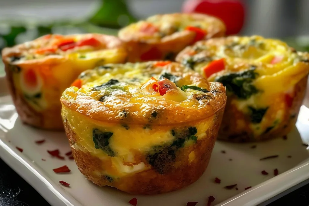 Colorful egg muffins shaped like hearts, garnished with fresh herbs and served on a white plate.