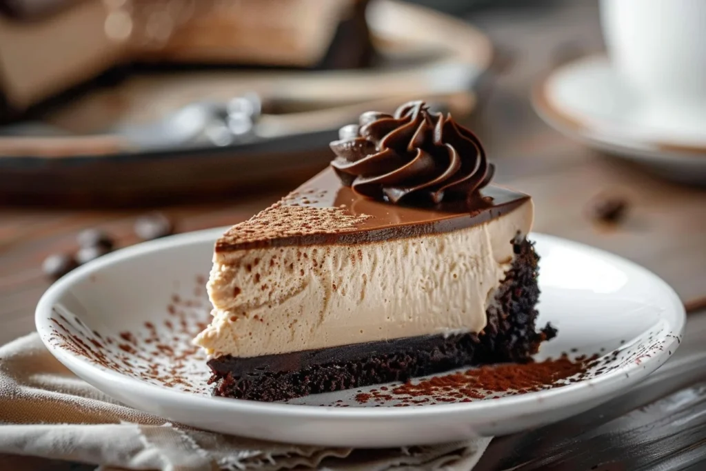 A beautifully plated slice of espresso cheesecake topped with chocolate shavings and coffee beans, served on a white plate