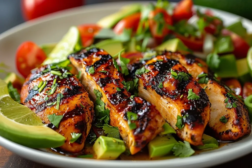 A vibrant plate of fiesta lime chicken avocado topped with fresh cilantro and lime slices