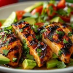 A vibrant plate of fiesta lime chicken avocado topped with fresh cilantro and lime slices