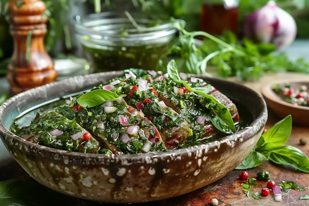 A vibrant green chimichurri sauce made with fresh herbs in a bowl, surrounded by grilled steak slices and fresh vegetables.