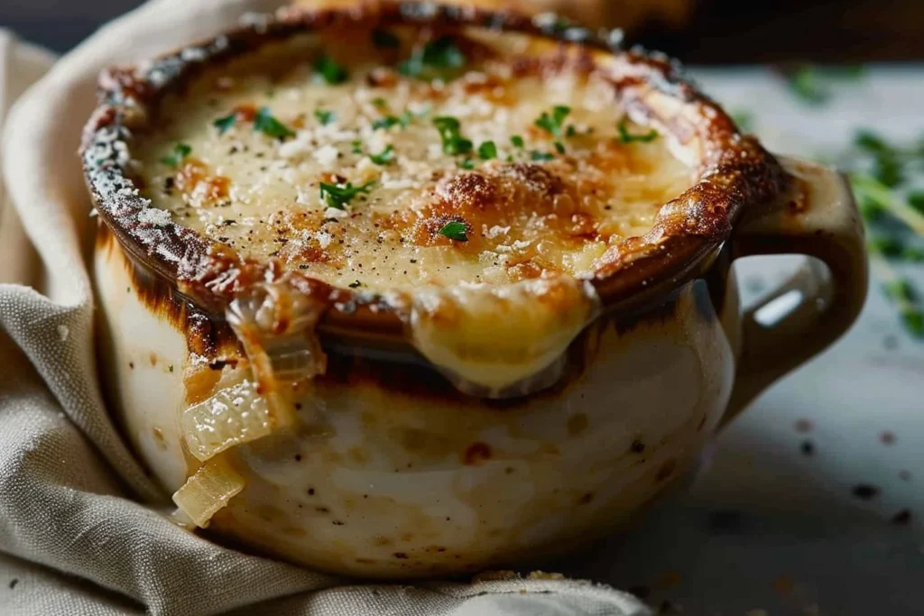 A steaming bowl of French onion soup topped with melted cheese and fresh herbs