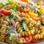A vibrant bowl of fresh ranch pasta salad topped with cherry tomatoes, cucumbers, and herbs