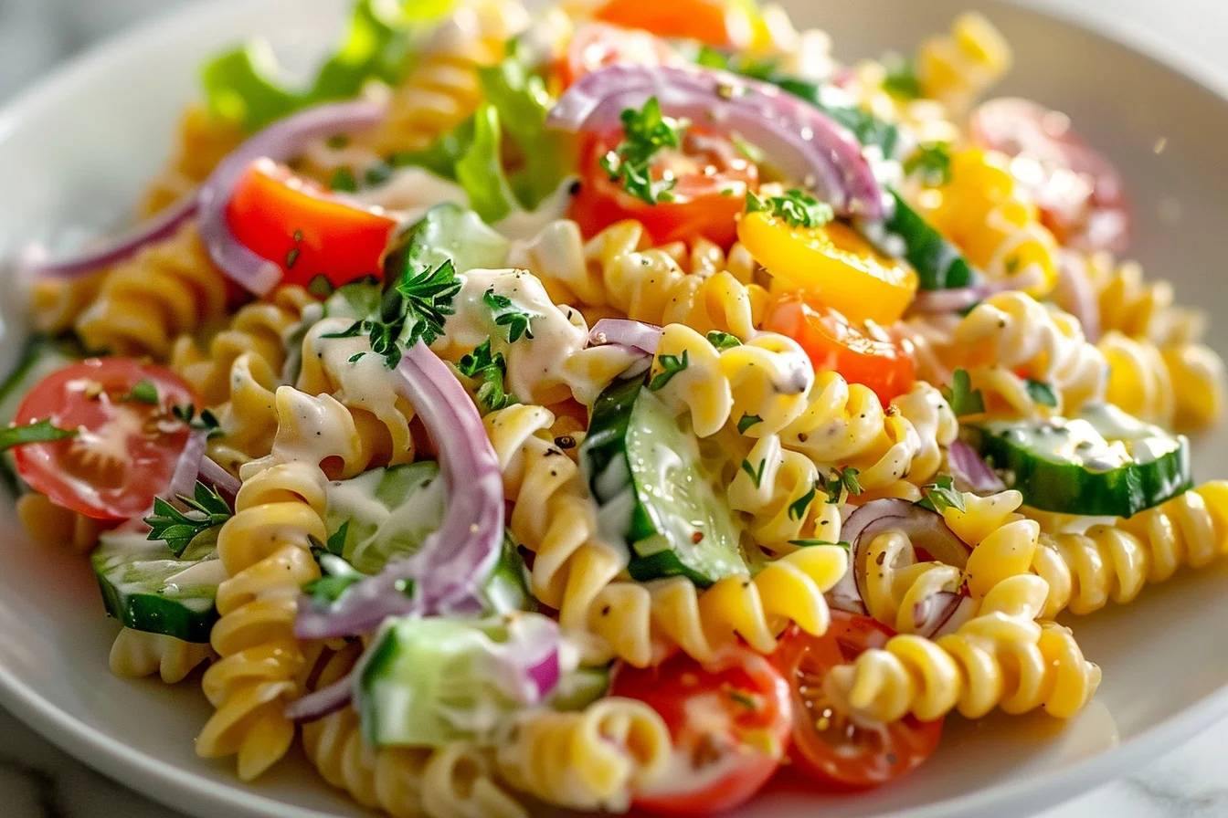 A vibrant bowl of fresh ranch pasta salad topped with cherry tomatoes, cucumbers, and herbs