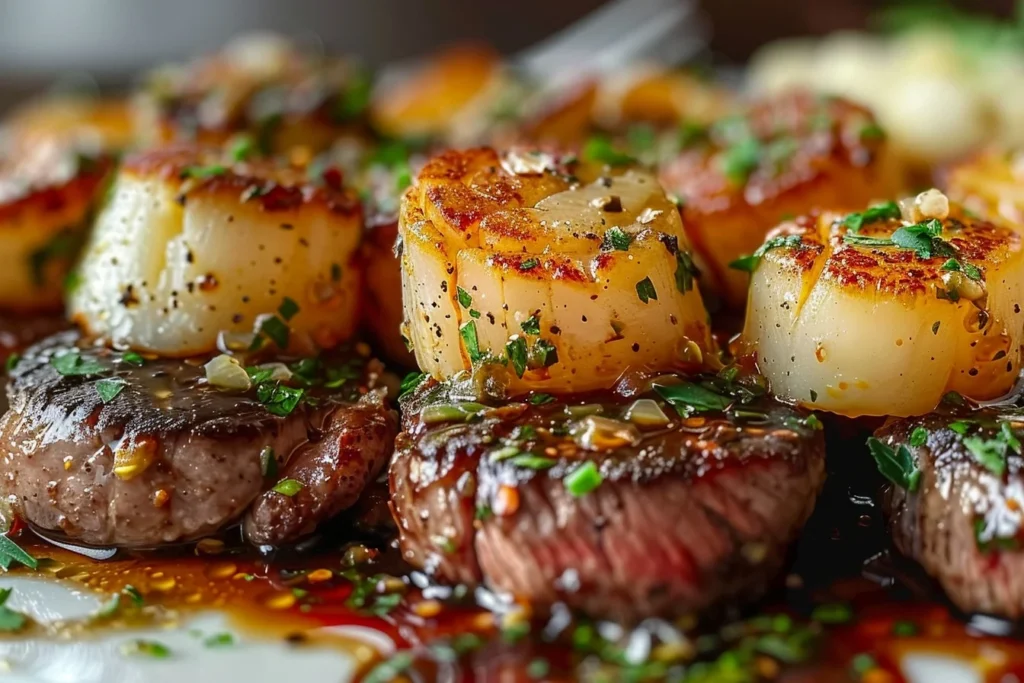 A beautifully plated dish of garlic butter steak scallops garnished with herbs and lemon slices