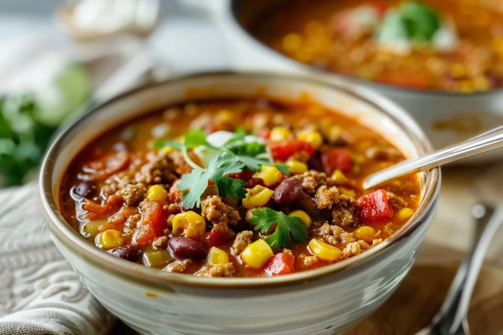 A steaming bowl of garlic chickpea soup topped with fresh herbs and a slice of crusty bread