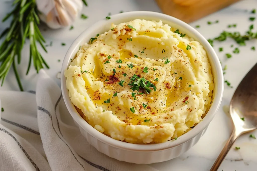 Garlic Mashed Potatoes: 6 Creamy Recipes to Enjoy 1 A creamy bowl of garlic mashed potatoes topped with fresh parsley and a drizzle of olive oil