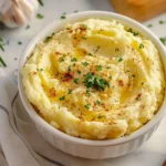 A creamy bowl of garlic mashed potatoes topped with fresh parsley and garlic cloves