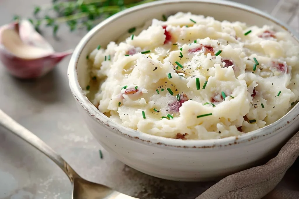 Garlic Mashed Red Potatoes: 6 Flavorful Recipes 1 Creamy garlic mashed red potatoes topped with fresh herbs and a drizzle of olive oil