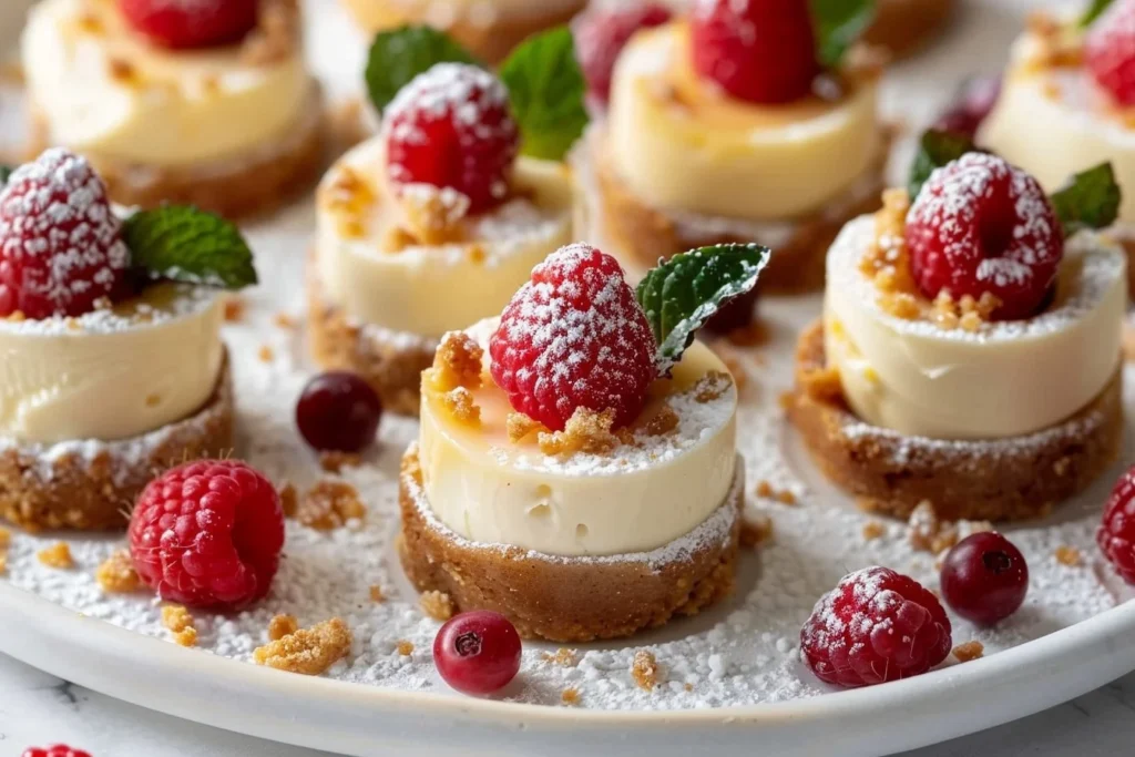 A plate of gluten free cheesecake bites topped with fresh berries and mint leaves