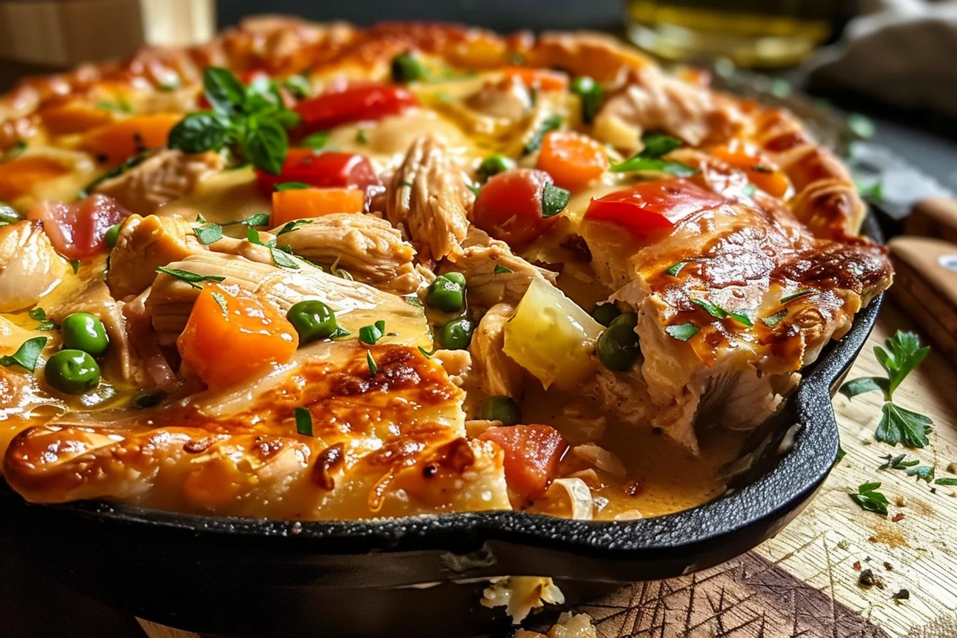 A delicious gluten free chicken pot pie topped with golden flaky crust and fresh herbs