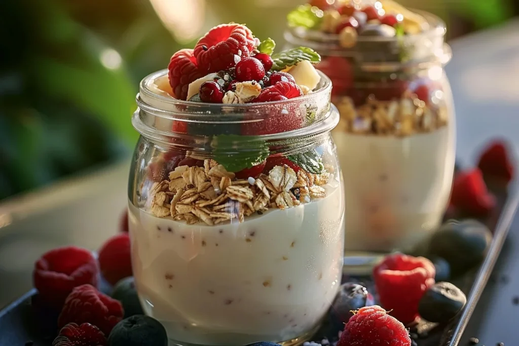 A vibrant green Greek yogurt superfood smoothie topped with chia seeds and fresh berries in a glass jar
