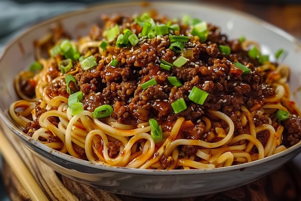 ground beef mongolian noodles 5 Unleash the Flavor: How to Make Perfect in 3 steps 1 A bowl of ground beef Mongolian noodles garnished with green onions and sesame seeds