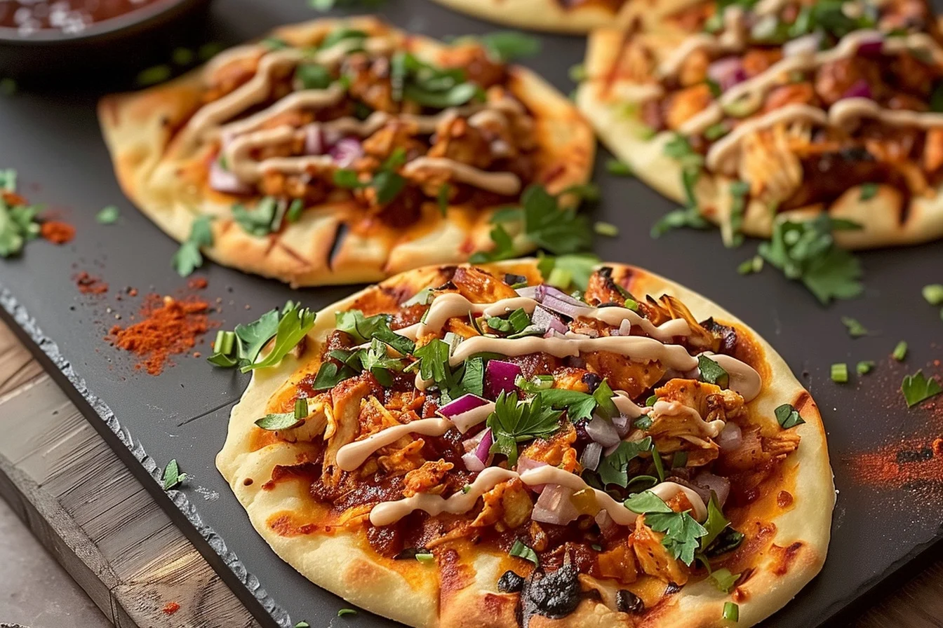 A delicious harissa chicken flatbread topped with fresh vegetables and herbs