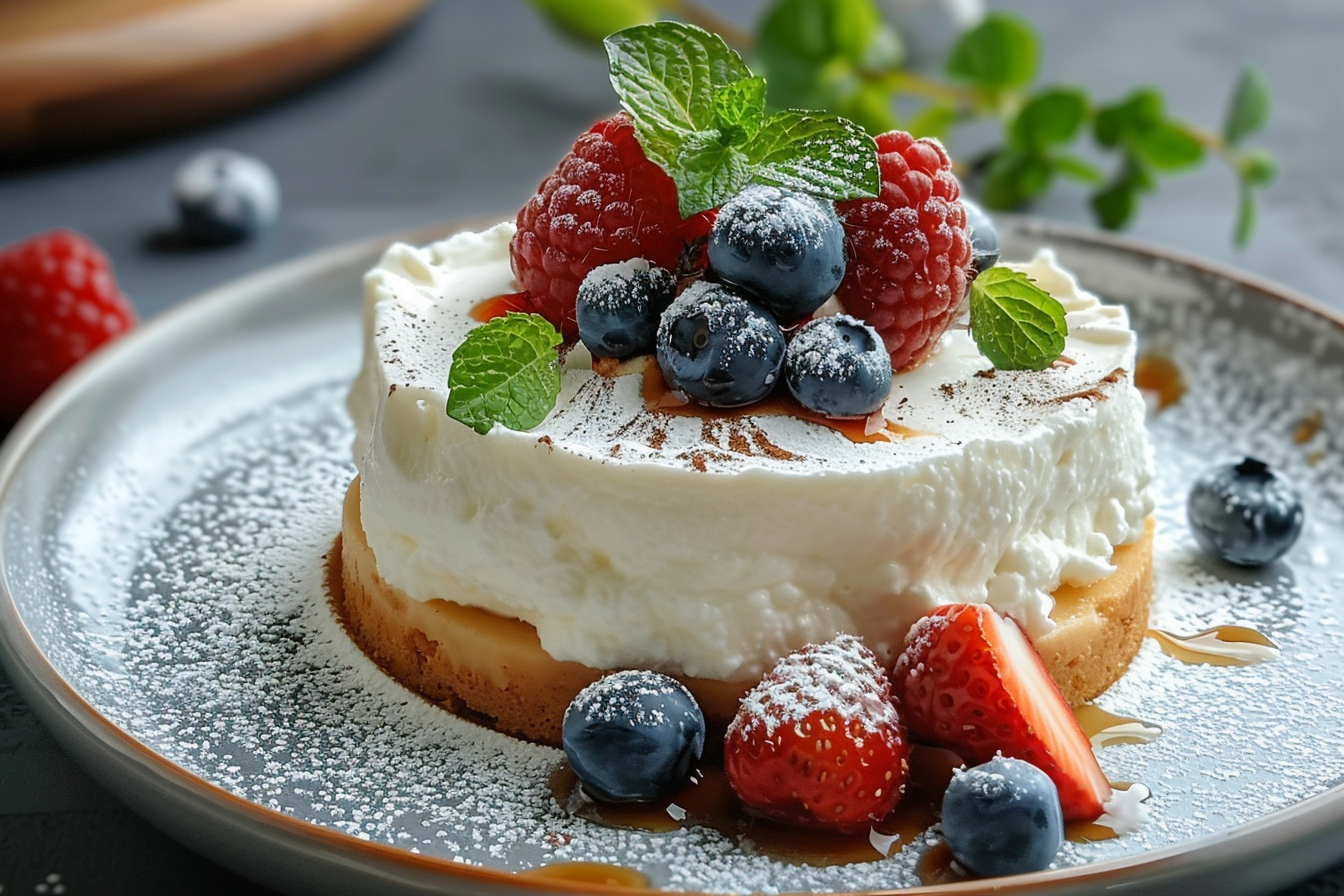 A beautifully plated fluffy yogurt cloud dessert topped with fresh berries and mint leaves