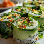 A plate of healthy light cucumber avocado rolls garnished with sesame seeds and herbs