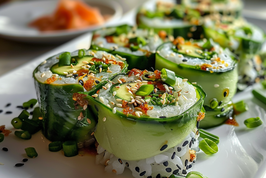 Healthy Light Cucumber Avocado Rolls: 10 Refreshing Ideas 1 Platter of light cucumber avocado rolls garnished with sesame seeds and herbs