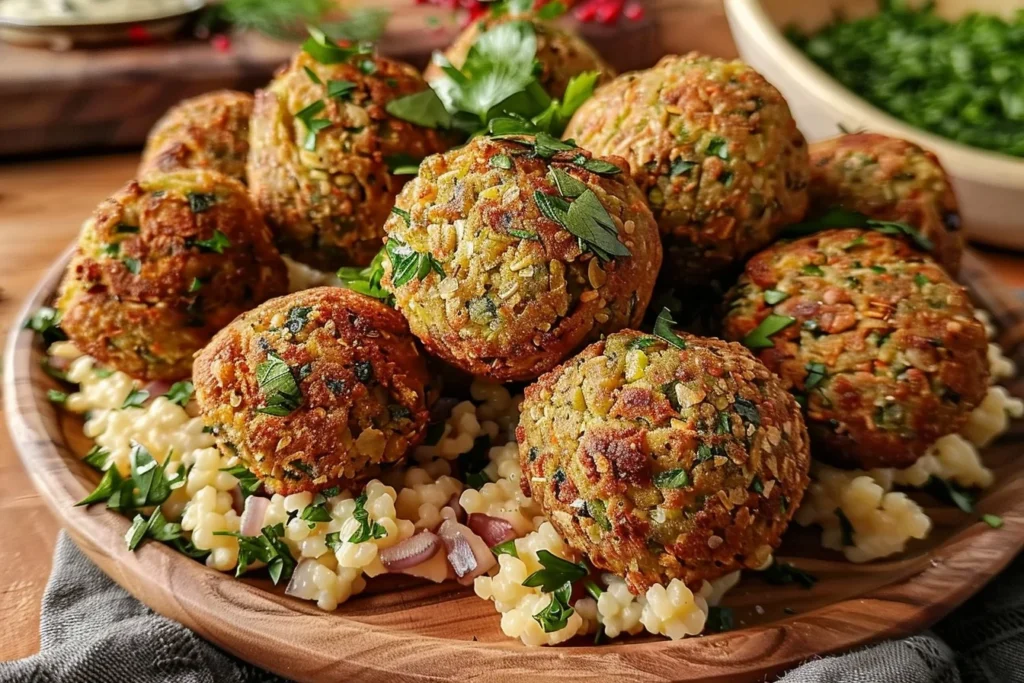 Golden-brown baked falafel balls served on a white plate with fresh vegetables and tahini sauce