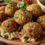 Golden-brown baked falafel balls served on a white plate with fresh vegetables and tahini sauce