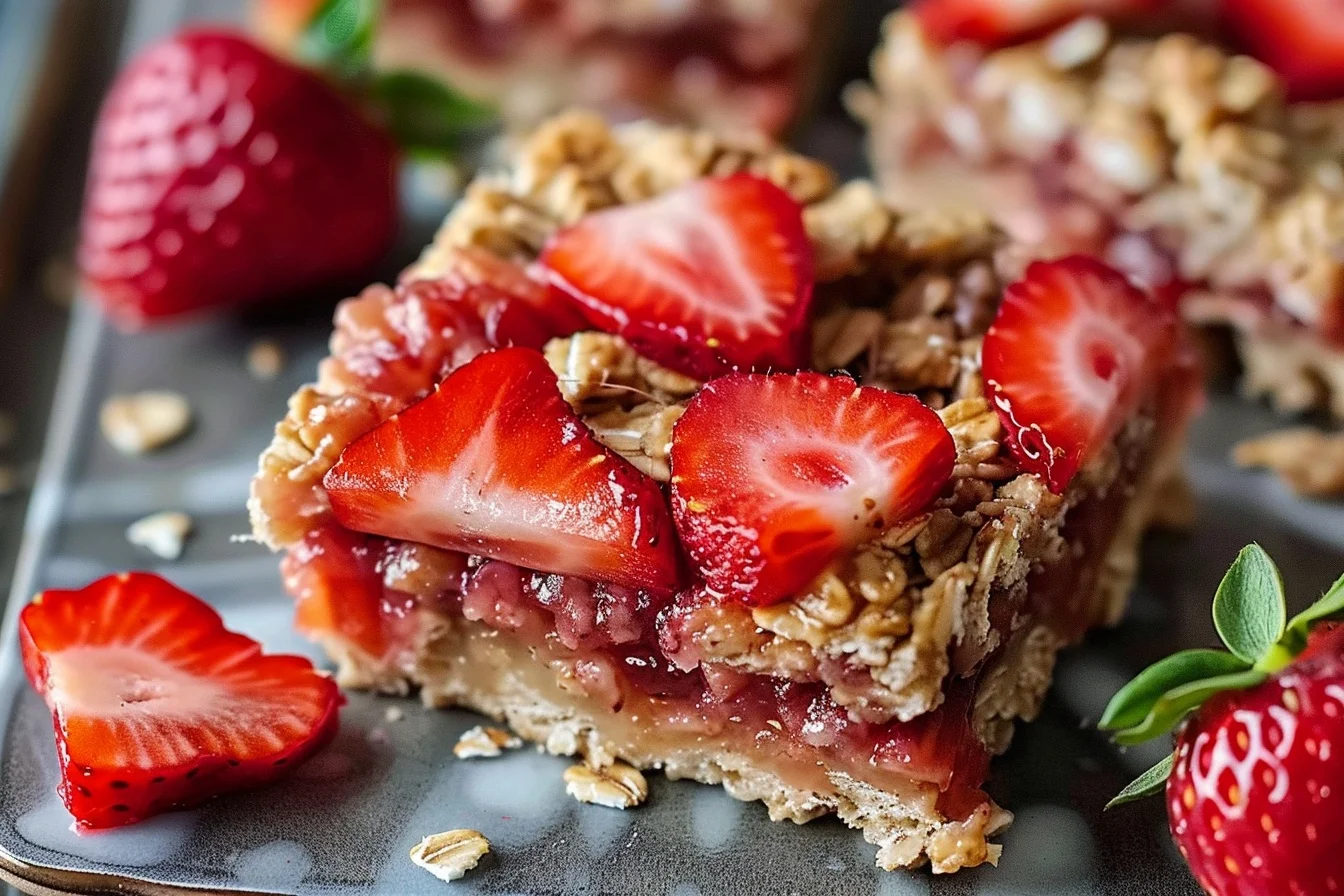 A close-up of healthy strawberry oatmeal bars garnished with fresh strawberries and oats on a wooden cutting board.