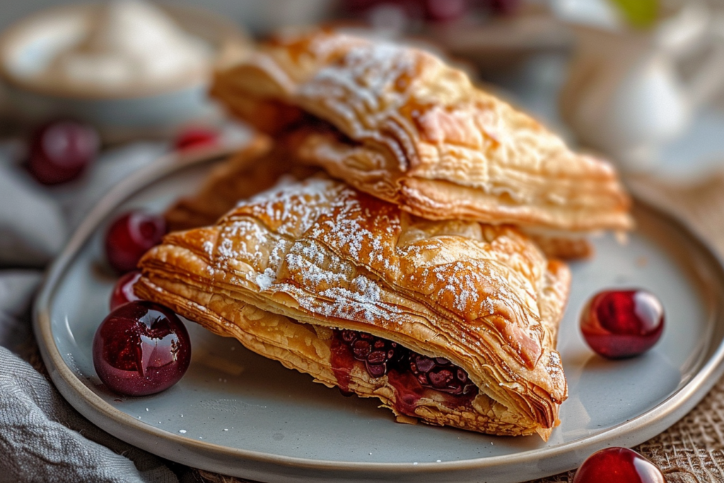 Homemade Cherry Puff Turnovers: 5 Amazing Recipes 1 Golden brown homemade cherry puff turnovers dusted with powdered sugar on a white plate