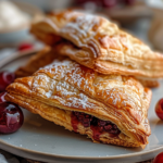 Golden brown homemade cherry puff turnovers dusted with powdered sugar on a white plate
