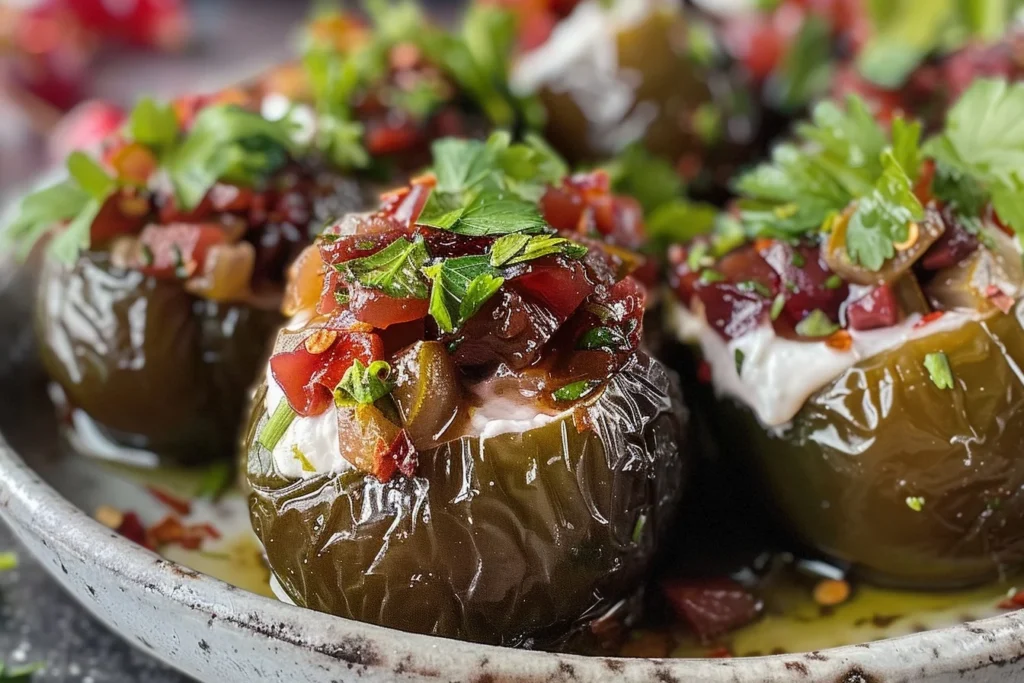 Homemade Mediterranean Stuffed Grape: 4 Easy Dolmas Guide 1 A plate of homemade Mediterranean stuffed grape leaves filled with rice and herbs, garnished with lemon slices and fresh herbs.