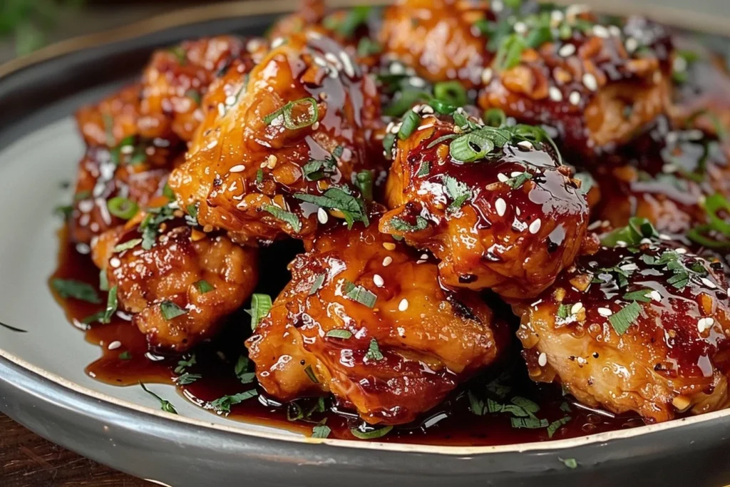 A beautifully plated honey garlic chicken dish garnished with fresh herbs and served with colorful vegetables